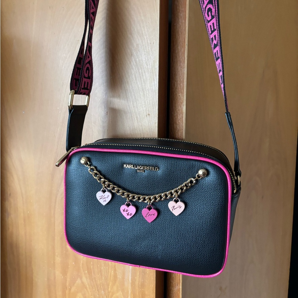 Karl Lagerfeld Black Crossbody Bag with Pink Trim